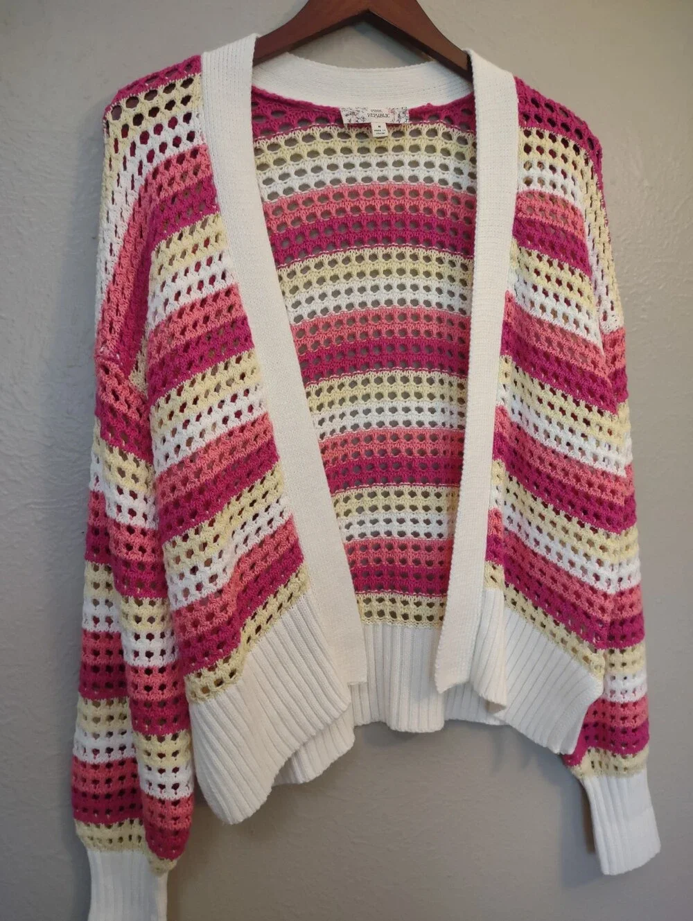 Pink Republic Open Front Knit Cardigan Sweater Coral White Yellow Striped Medium